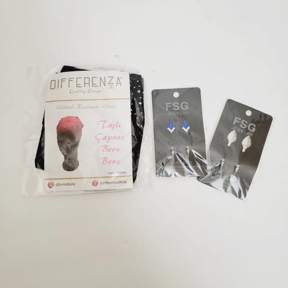 5 pieces set hijab, rhinestones bonnet/under scarf & safety pins